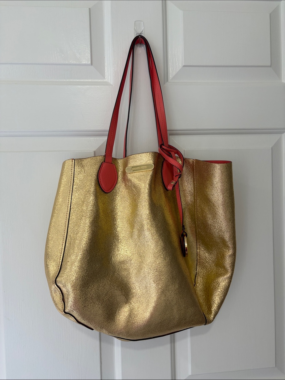 Michael Kors Gold Tote with Coral-Red Handles